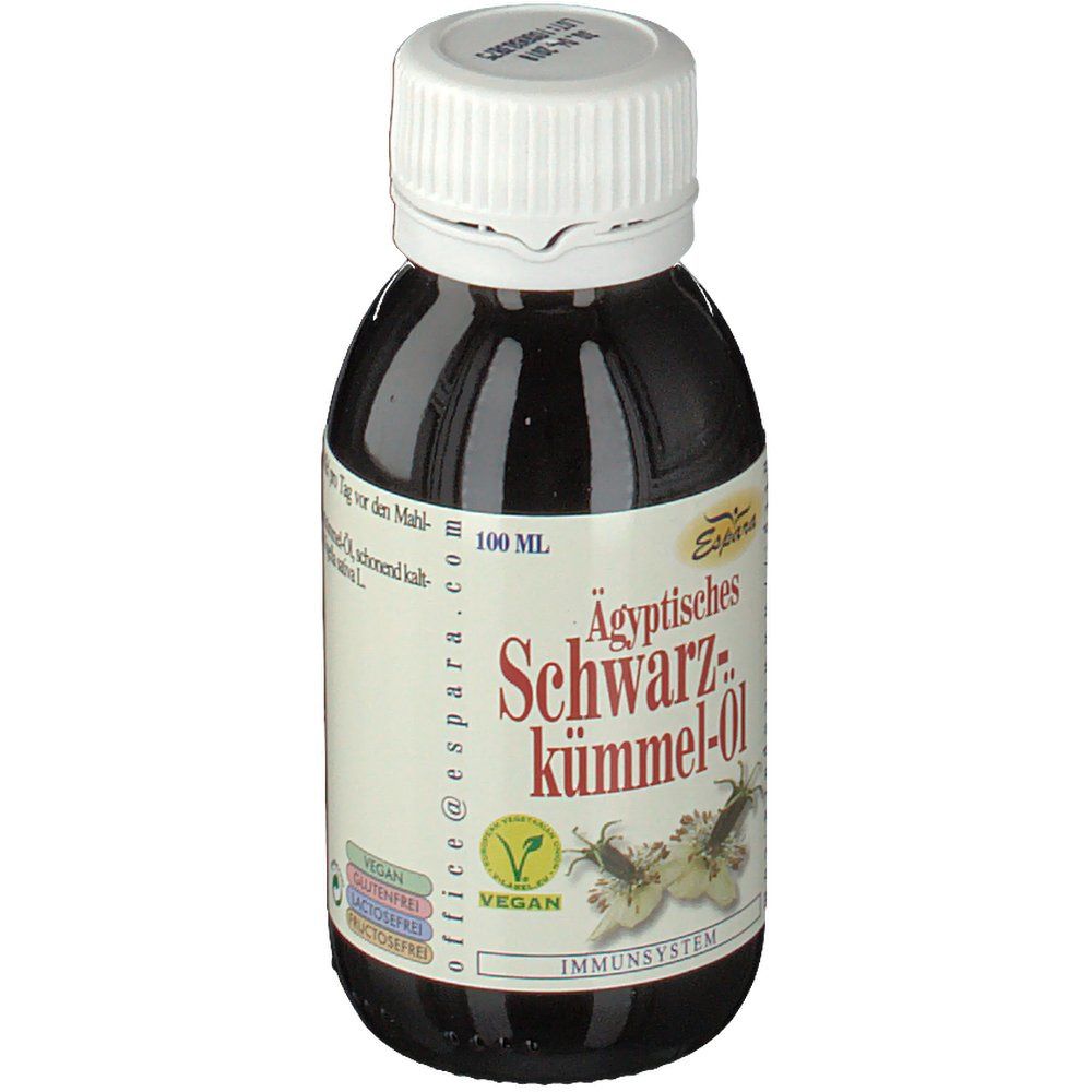 Braune Glasflasche mit weißem Deckel. Etikett mit Produktname: Schwarzkümmel-Öl. Text: 100 ml. Vegan-Siegel.