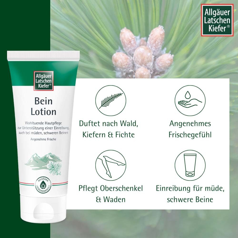 Tube Bein Lotion mit Icons. Icons: Duft, Frischegefühl, Oberschenkelpflege, Einreibung für Beine.