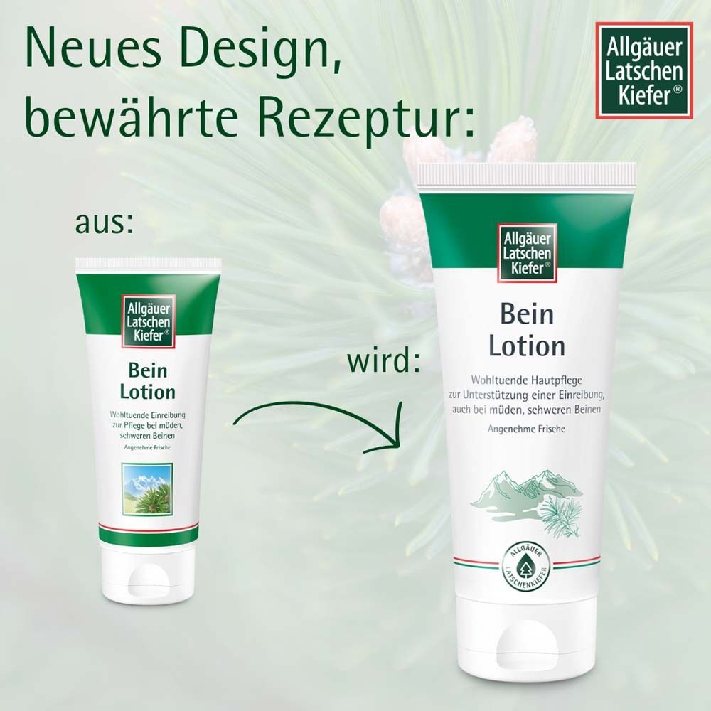 Vergleich: Alte und neue Bein Lotion Tube. Text: Neues Design, bewährte Rezeptur.