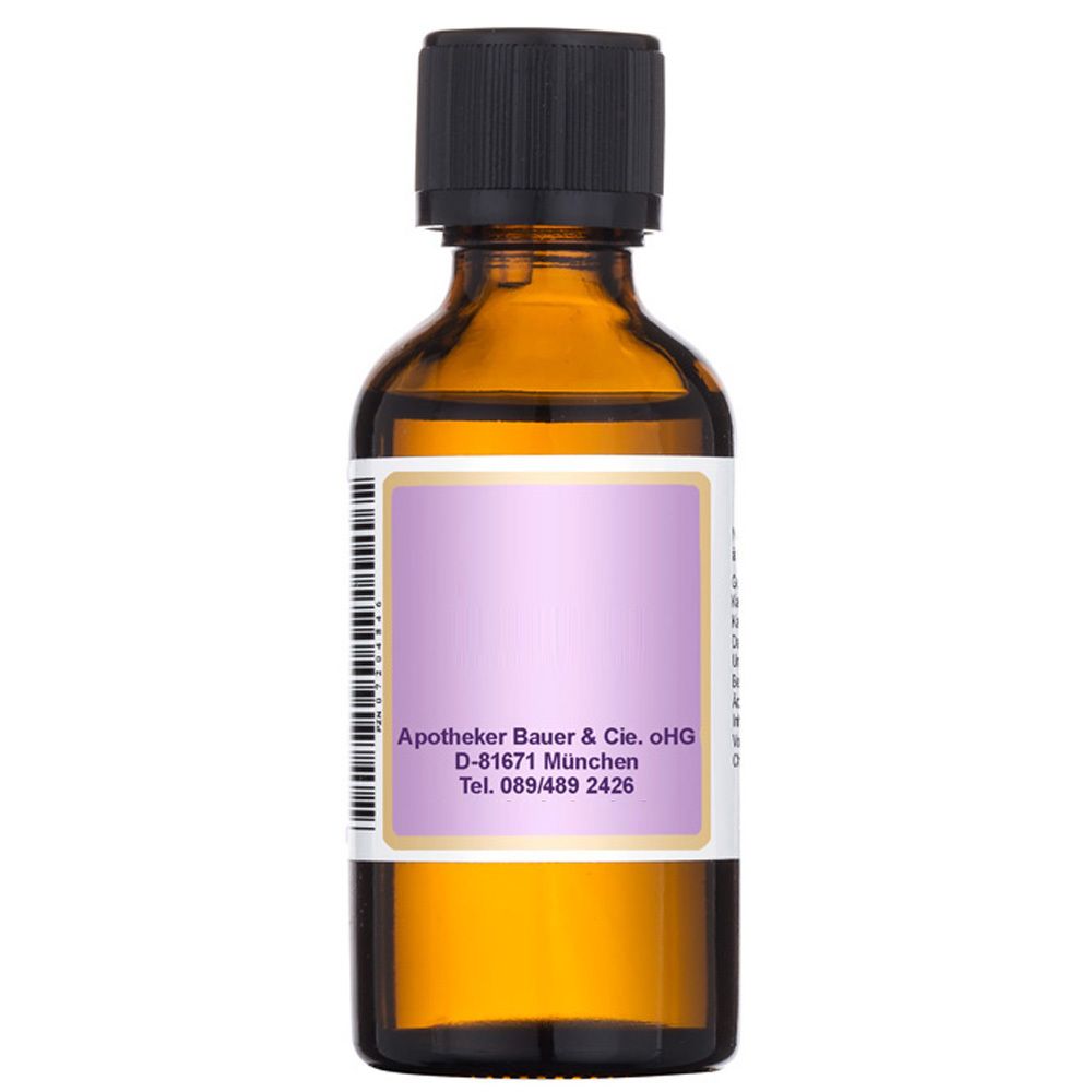 Braune Glasflasche mit schwarzem Deckel. Etikett mit Text und Barcode. Apotheker Bauer & Cie. oHG.
