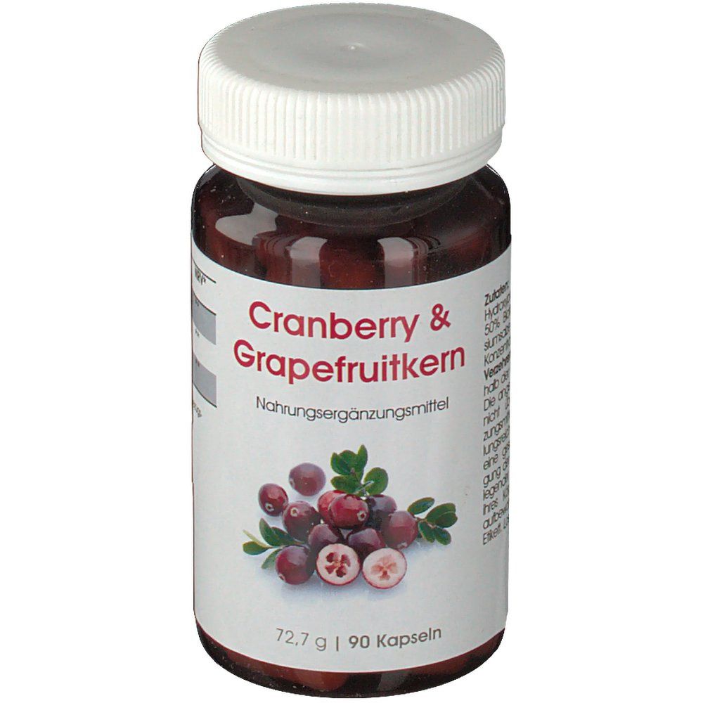 Braune Kapseln in einer Flasche mit weißem Deckel. Aufschrift: Cranberry & Grapefruitkern. 90 Kapseln.