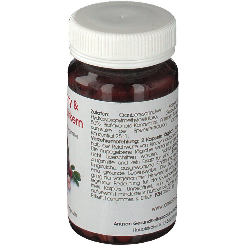 Rückansicht der Flasche. Text: Zutaten, Verzehrempfehlung, Hinweise. Marke: Anusan Gesundheitsprodukte.