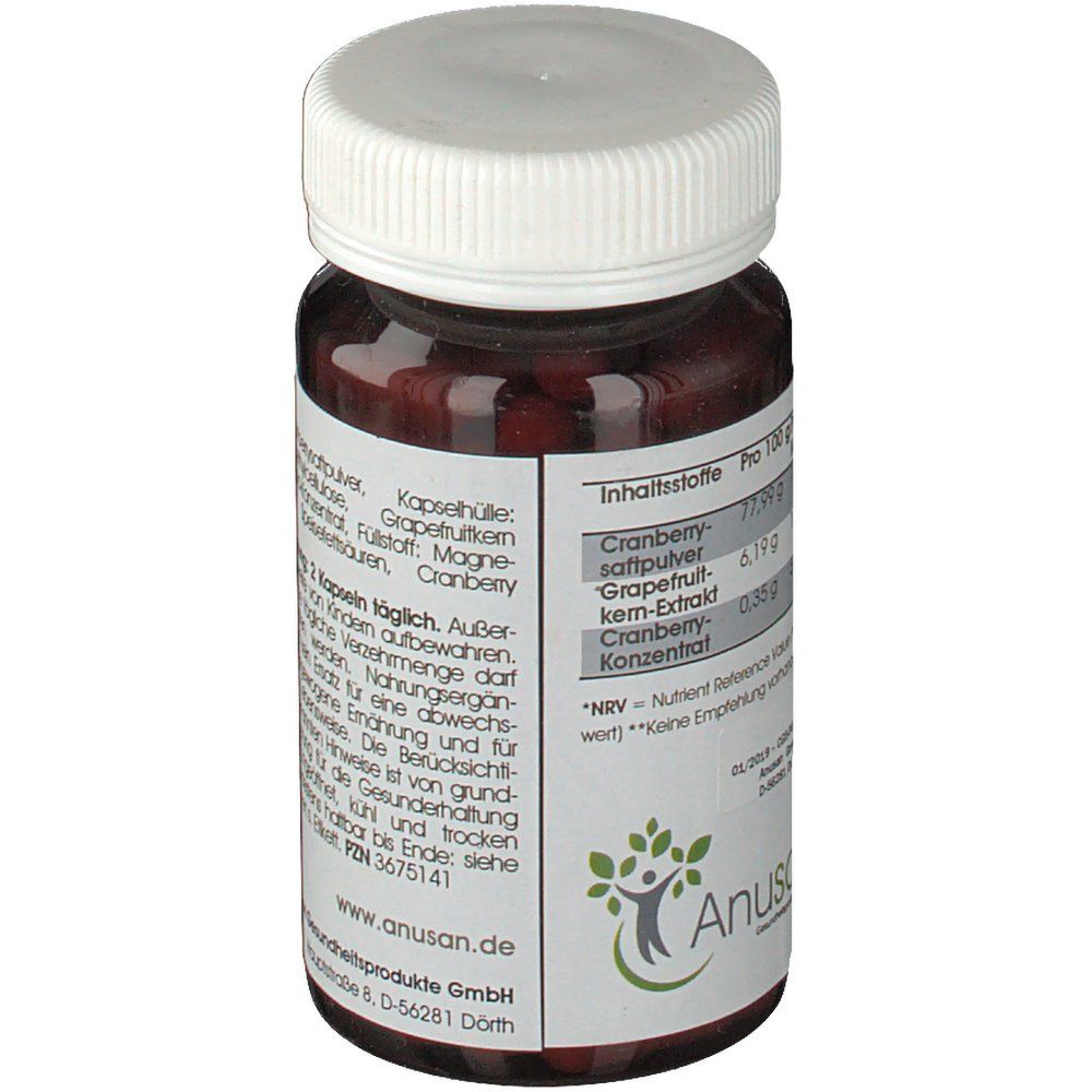 Rückansicht der Flasche. Text: Inhaltsstoffe, Nährwertangaben. Marke: Anusan Gesundheitsprodukte GmbH.