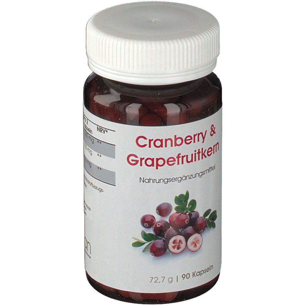 Braune Kapseln in einer Flasche mit weißem Deckel. Aufschrift: Cranberry & Grapefruitkern. 90 Kapseln.