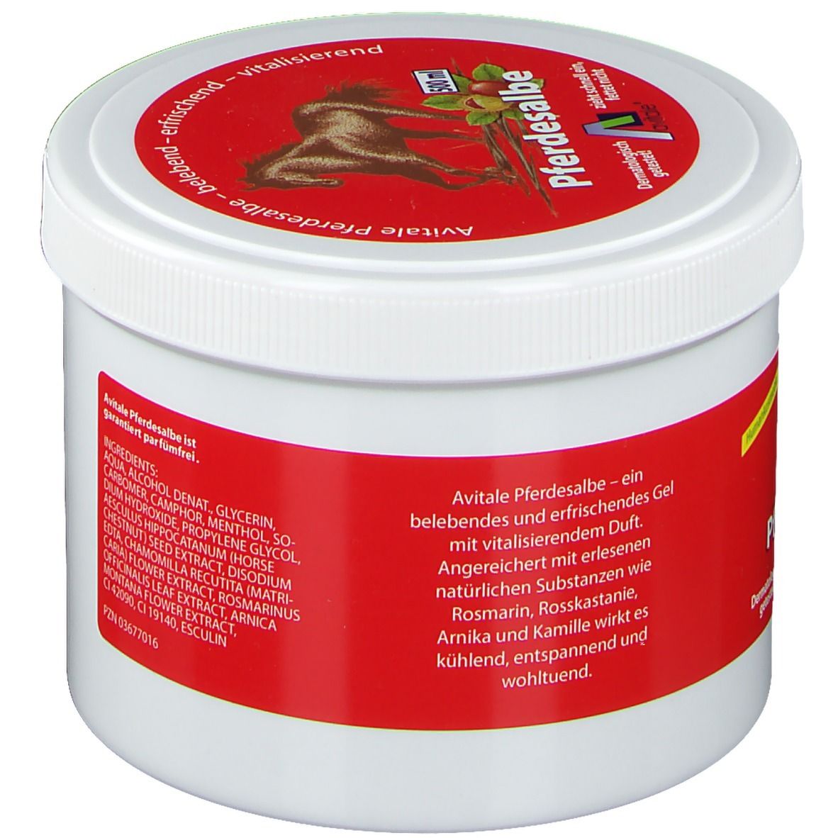 Weißer Tiegel mit rotem Etikett. Aufschrift: Pferdesalbe. Logo mit Pferd. Oben: Avitale Pferdesalbe. Gel mit Duft. Inhaltsstoffe.