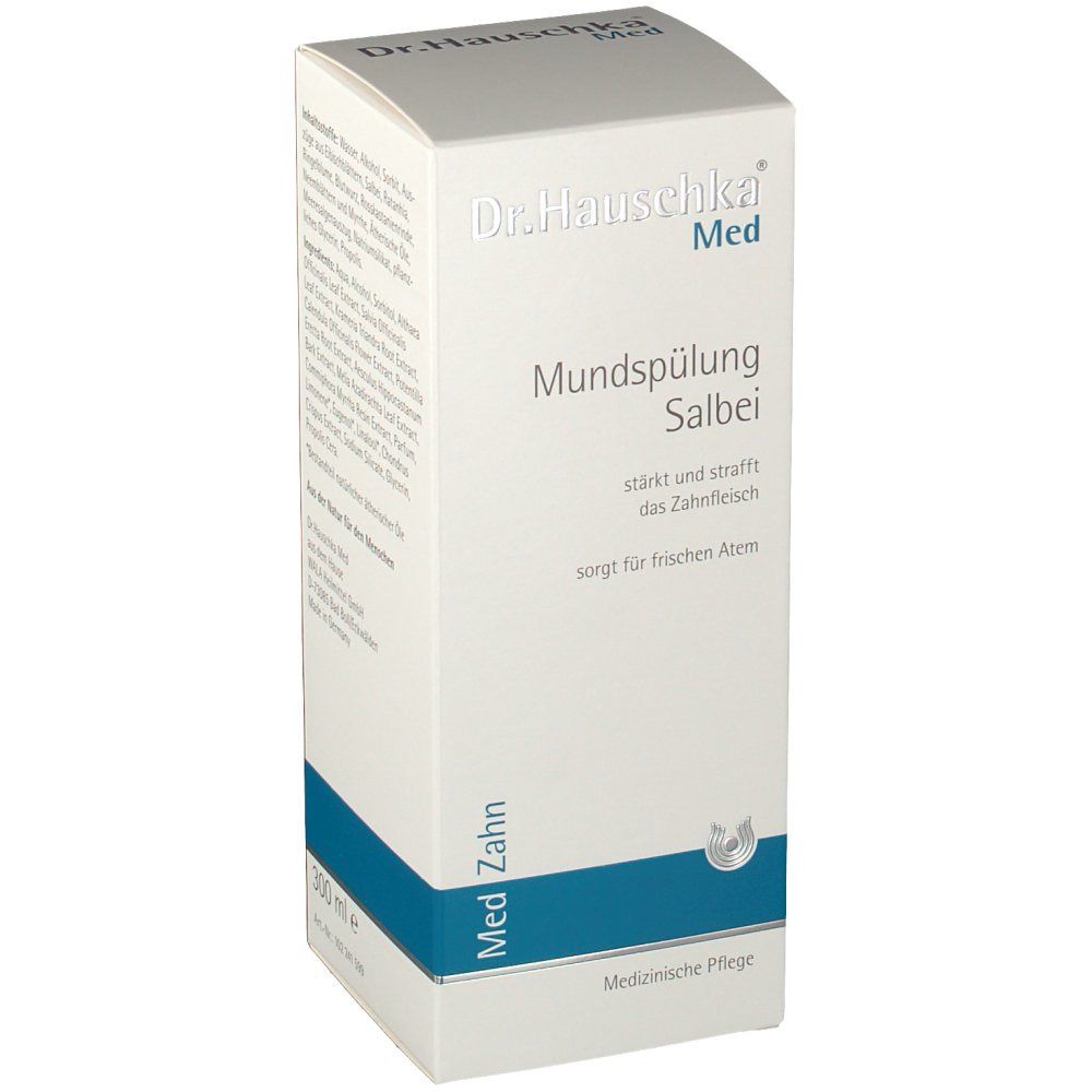 Kartonverpackung. Beschriftung: Dr. Hauschka Med Mundspülung Salbei. Medizinische Pflege. Eckige Form. Weiße und blaue Farben.