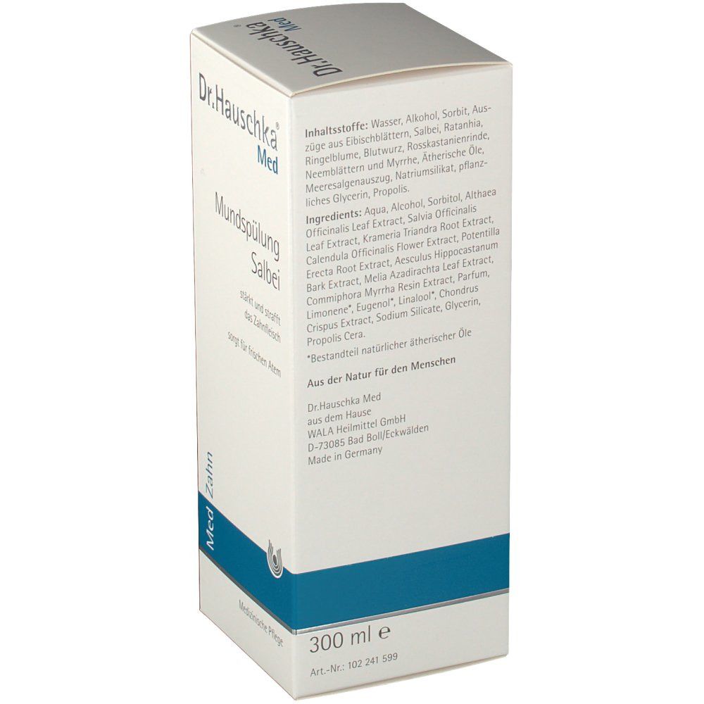 Kartonverpackung. Beschriftung: Dr. Hauschka Med Mundspülung Salbei. Inhaltsstoffe und Informationen. Weiße und blaue Farben.