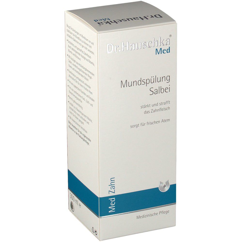 Kartonverpackung. Beschriftung: Dr. Hauschka Med Mundspülung Salbei. Medizinische Pflege. Weiße und blaue Farben. 300 ml.