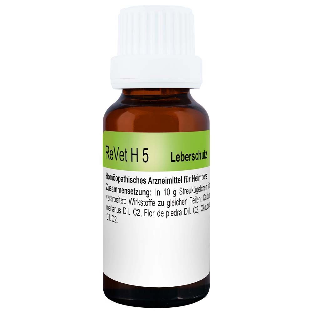 Braune Glasflasche mit weißem Deckel. Etikett mit Produktinformationen. Enthält ReVet H 5 Globuli.