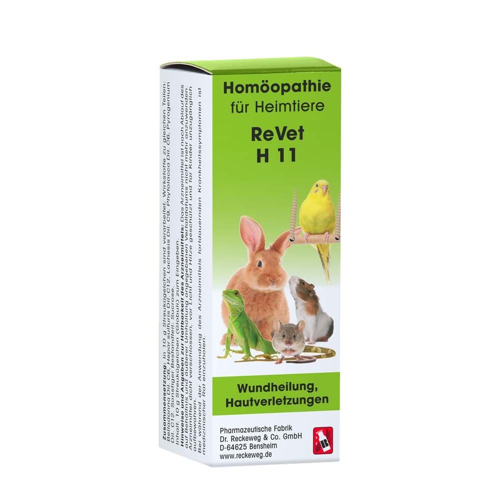 ReVet H 11 Globuli-Verpackung. Grün-weißes Etui mit Produktnamen und Tierillustrationen, Seitenansicht.