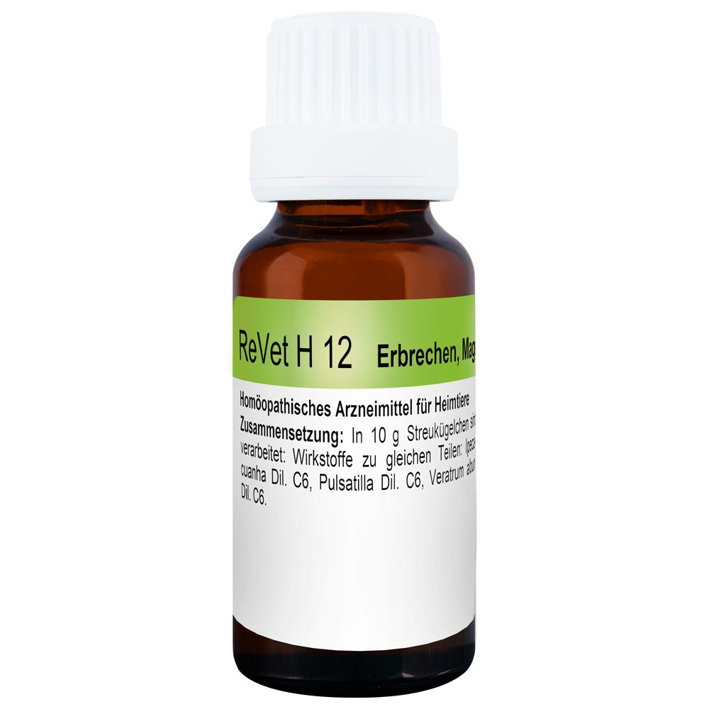 Braune Glasflasche mit weißem Deckel. Aufschrift: ReVet H 12. Text: Erbrechen, Magenbeschwerden. Etikett mit Inhaltsstoffen.