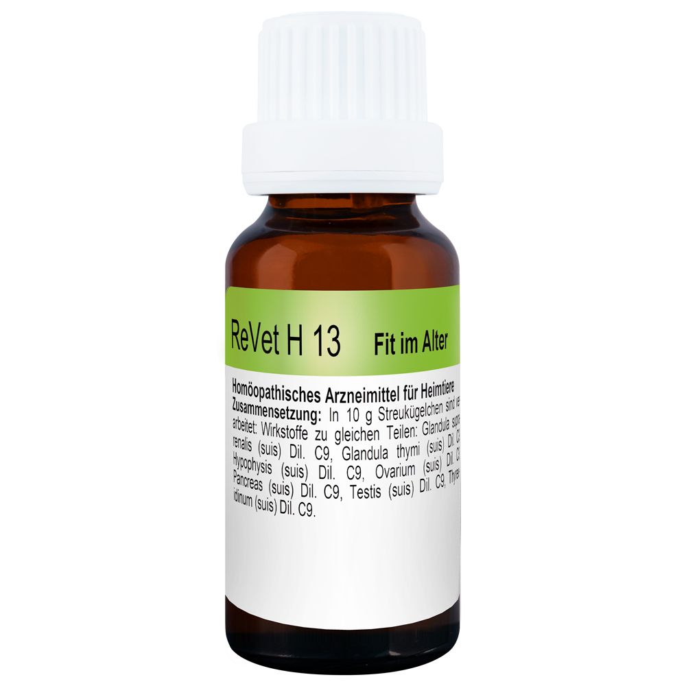 Braune Glasflasche mit weißem Deckel. Aufschrift: ReVet H 13, Fit im Alter. Etikett mit Produktinformationen.