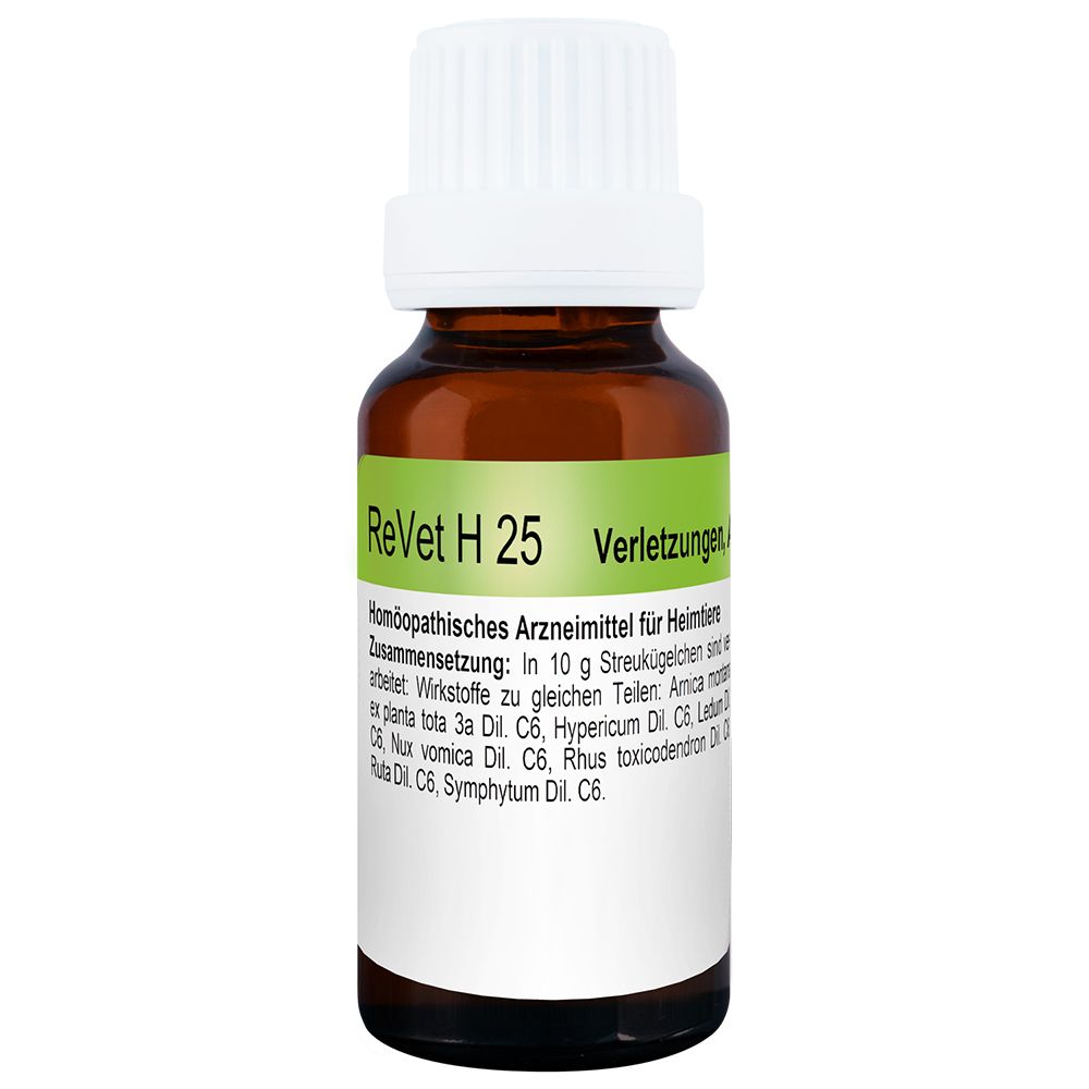 ReVet H 25 Globuli Flasche. Braune Glasflasche mit weißem Deckel. Text: Verletzungen.