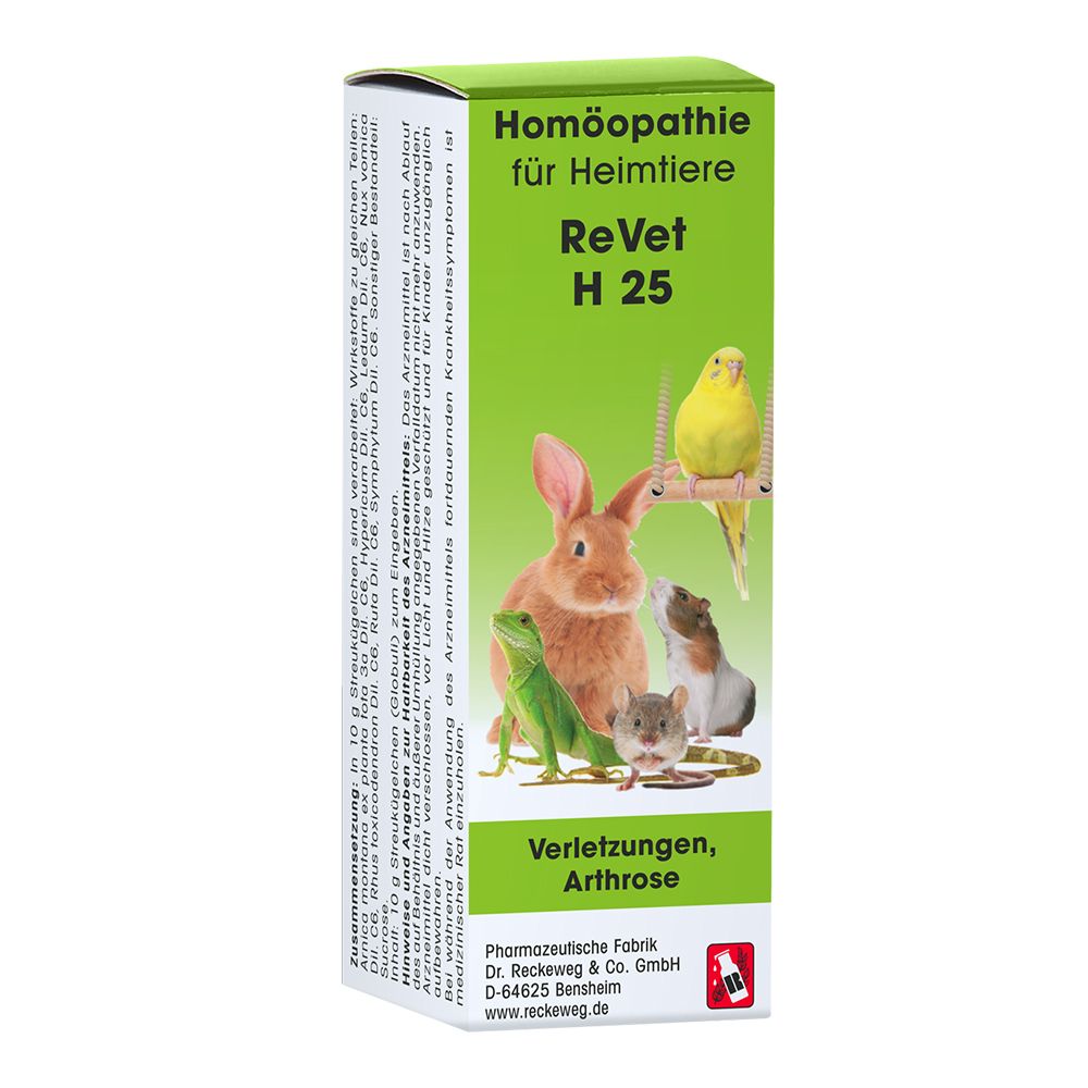ReVet H 25 Verpackung. Grün, mit Tieren. Text: Verletzungen, Arthrose. Homöopathie für Heimtiere.