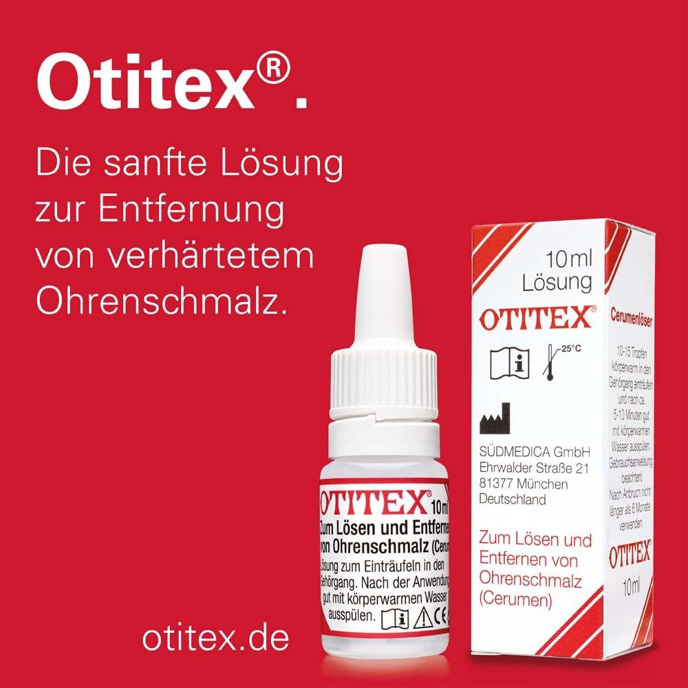 Otitex Ohrentropfen, 10 ml Lösung, Flasche und Verpackung. Rote Farbgebung mit Produktinformationen und Logo.