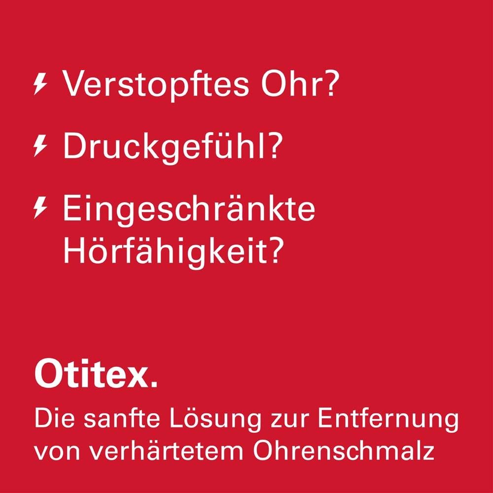 Text auf rotem Hintergrund: Symptome von verhärtetem Ohrenschmalz. Fragen zu verstopften Ohren, Druckgefühl und Hörfähigkeit.