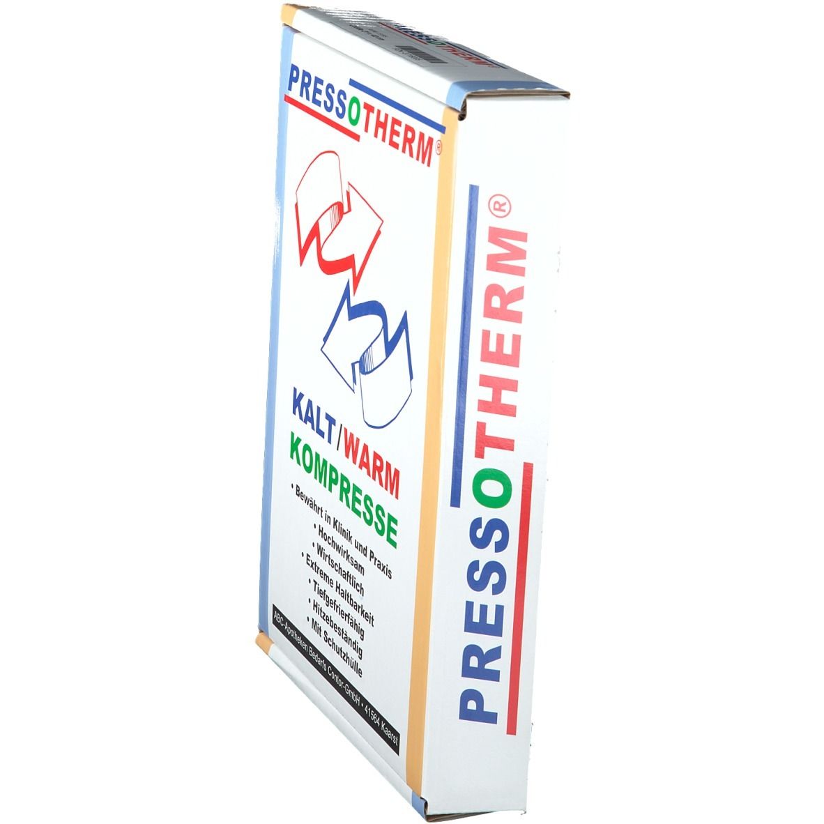 Pressotherm Kalt-Warm Kompresse Verpackung. Seitenansicht. Logo, Produktbezeichnung und Produktmerkmale.