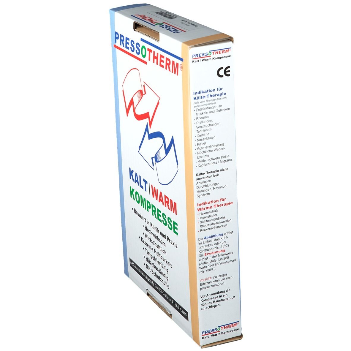Pressotherm Kalt-Warm Kompresse Verpackung. Seitenansicht mit Produktinformationen und Indikationen.