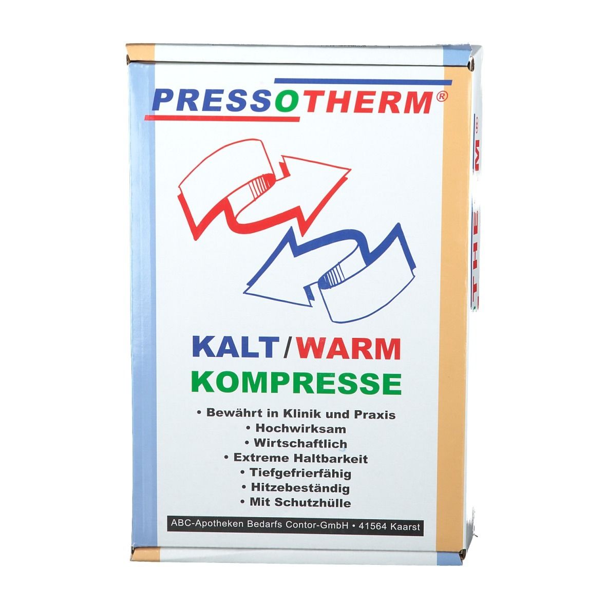 Pressotherm Kalt-Warm Kompresse Verpackung. Vorderansicht. Logo, Produktbezeichnung und Produktmerkmale.