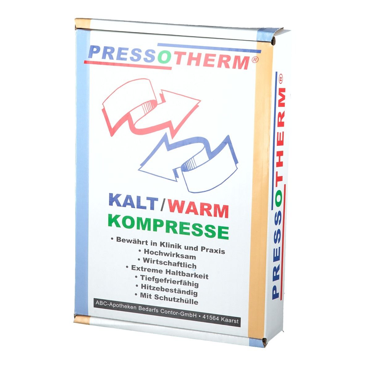 Pressotherm Kalt-Warm Kompresse Verpackung. Vorderansicht. Logo, Produktbezeichnung und Produktmerkmale.