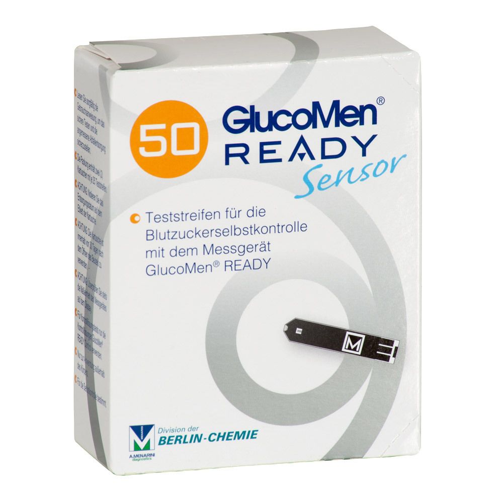 Packung mit 50 Teststreifen GlucoMen READY Sensor. Aufdruck: Teststreifen für Blutzuckerselbstkontrolle.