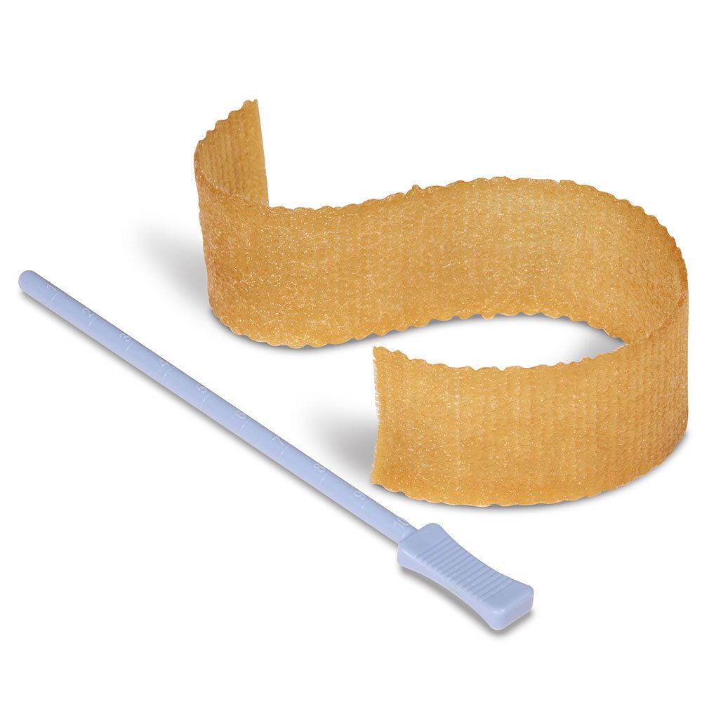 Algivon Plus Ribbon, hellbraunes Band, gerollt. Mit einem hellblauen Applikator.