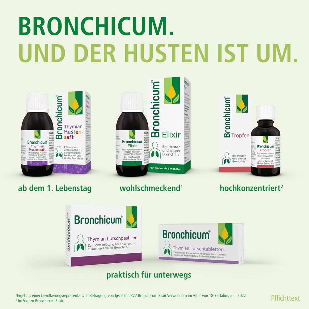 Verschiedene Bronchicum Produkte. Thymian Hustensaft, Elixir, Tropfen, Lutschtabletten, Tabletten.