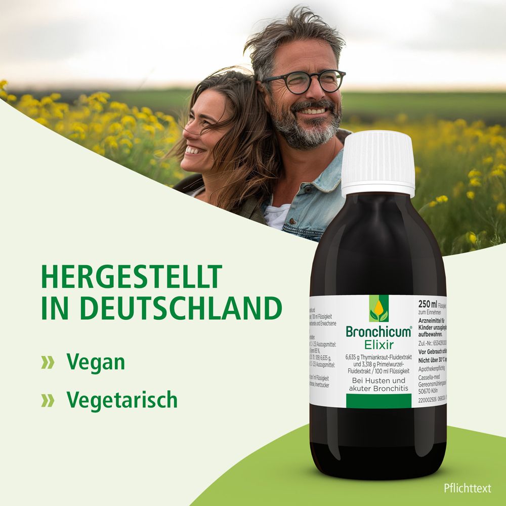 Flasche Bronchicum Elixir. Text: Hergestellt in Deutschland. Vegan und vegetarisch.