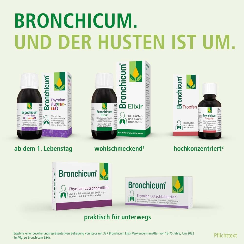 Bronchicum Produkte. Hustensaft, Tropfen, Lutschtabletten. Verschiedene Verpackungen. Grün und weiß.