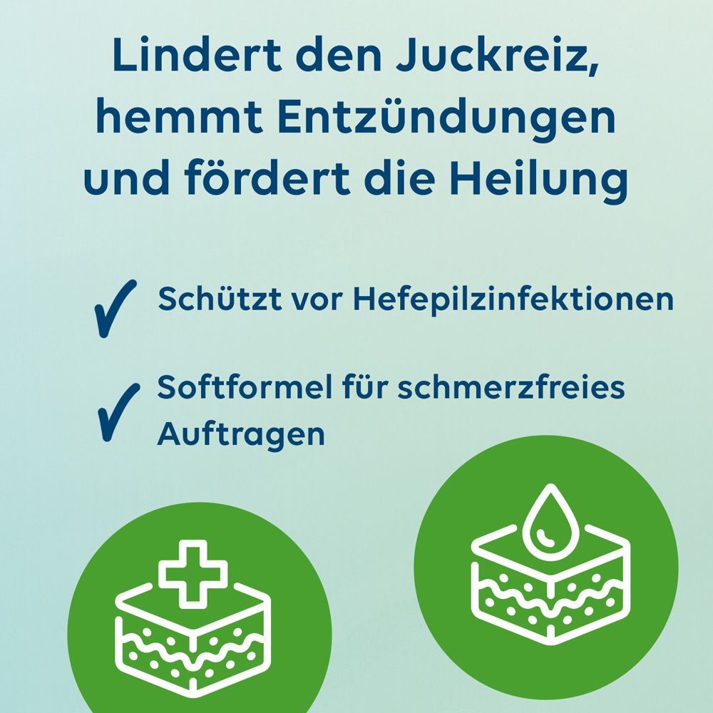 Text: Lindert den Juckreiz, hemmt Entzündungen und fördert die Heilung. Symbole: Schutz, weiche Formel.