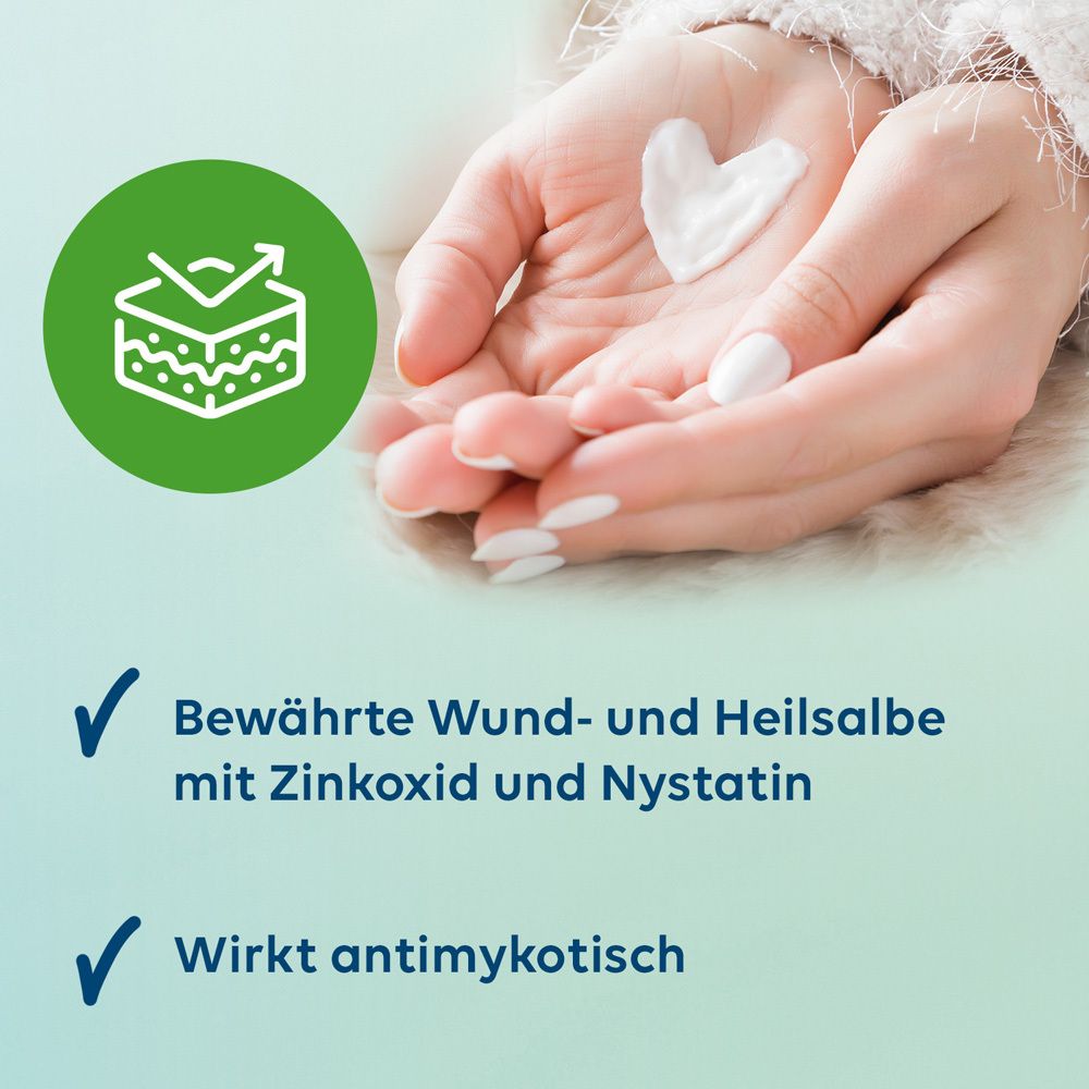 Hände mit Creme. Text: Bewährte Wund- und Heilsalbe mit Zinkoxid und Nystatin. Wirkt antimykotisch.