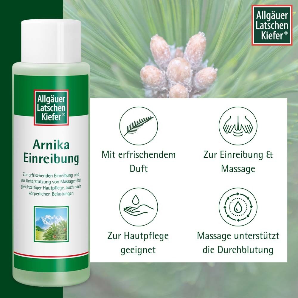 Flasche mit grünem Etikett. Aufschrift: Arnika Einreibung. Marke: Allgäuer Latschenkiefer. Icons: Duft, Massage, Hautpflege, Durchblutung.
