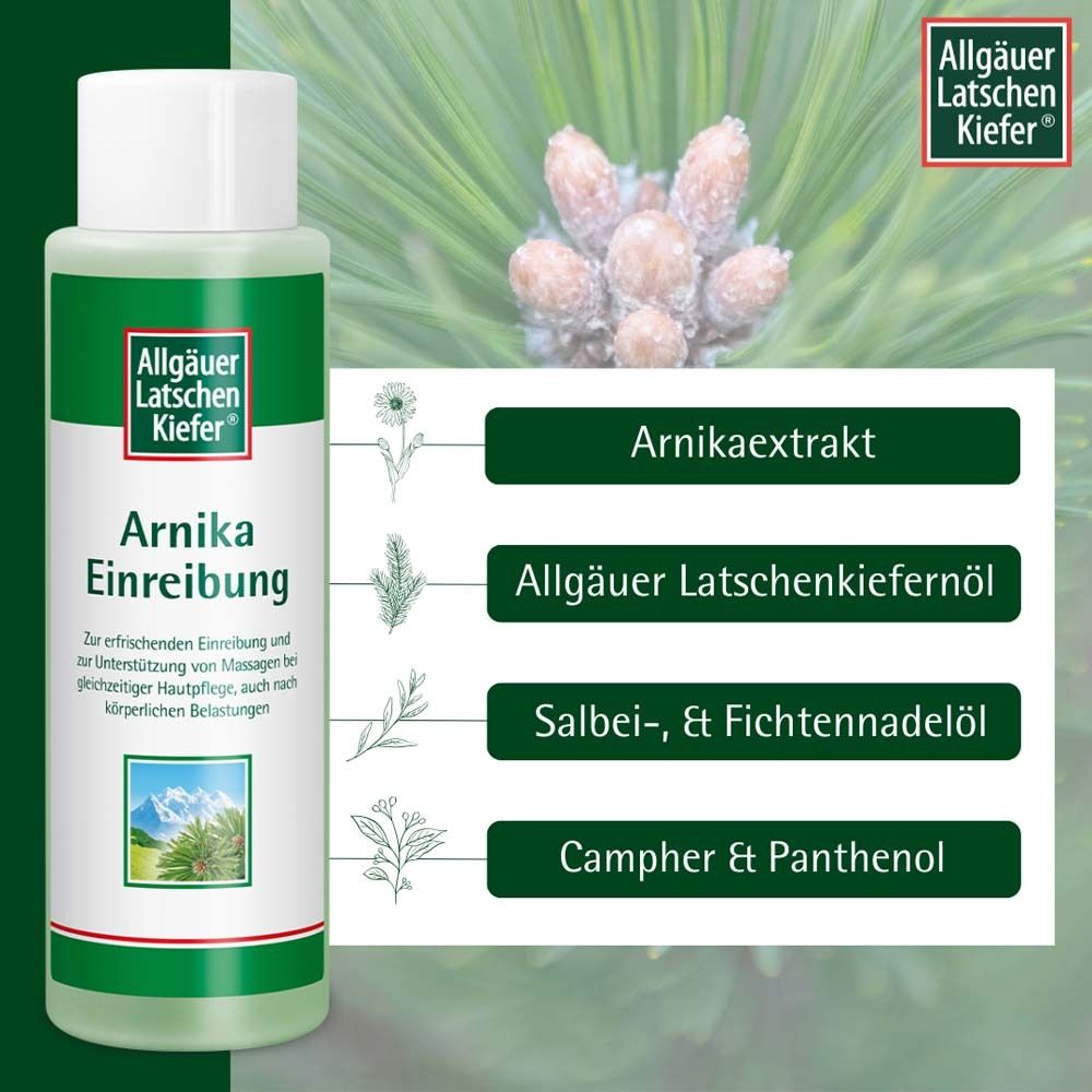 Flasche mit grünem Etikett. Aufschrift: Arnika Einreibung. Marke: Allgäuer Latschenkiefer. Inhaltsstoffe: Arnikaextrakt, Latschenkiefernöl, Salbeiöl, Kampfer.