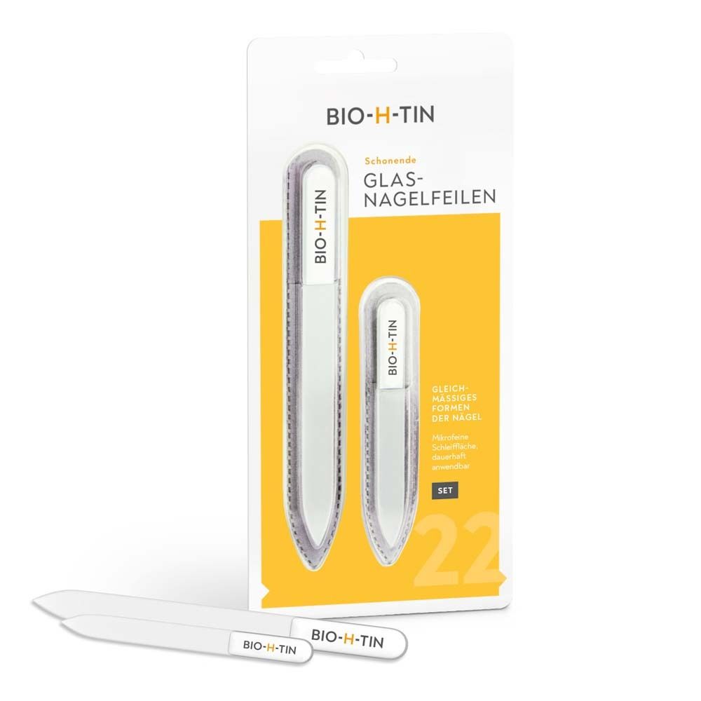 Set Glasnagelfeilen in Verpackung. Zwei Feilen, eine groß, eine klein. Marke BIO-H-TIN. Auf gelbem Hintergrund.