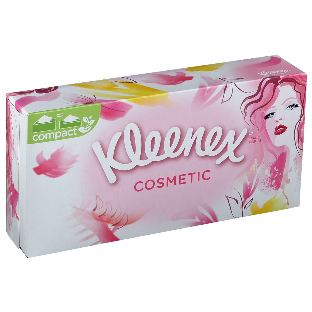 Kleenex® Kosmetiktücher-Box. Rosa, gelbe Blüten, Frauengesicht. Aufschrift: Cosmetic.
