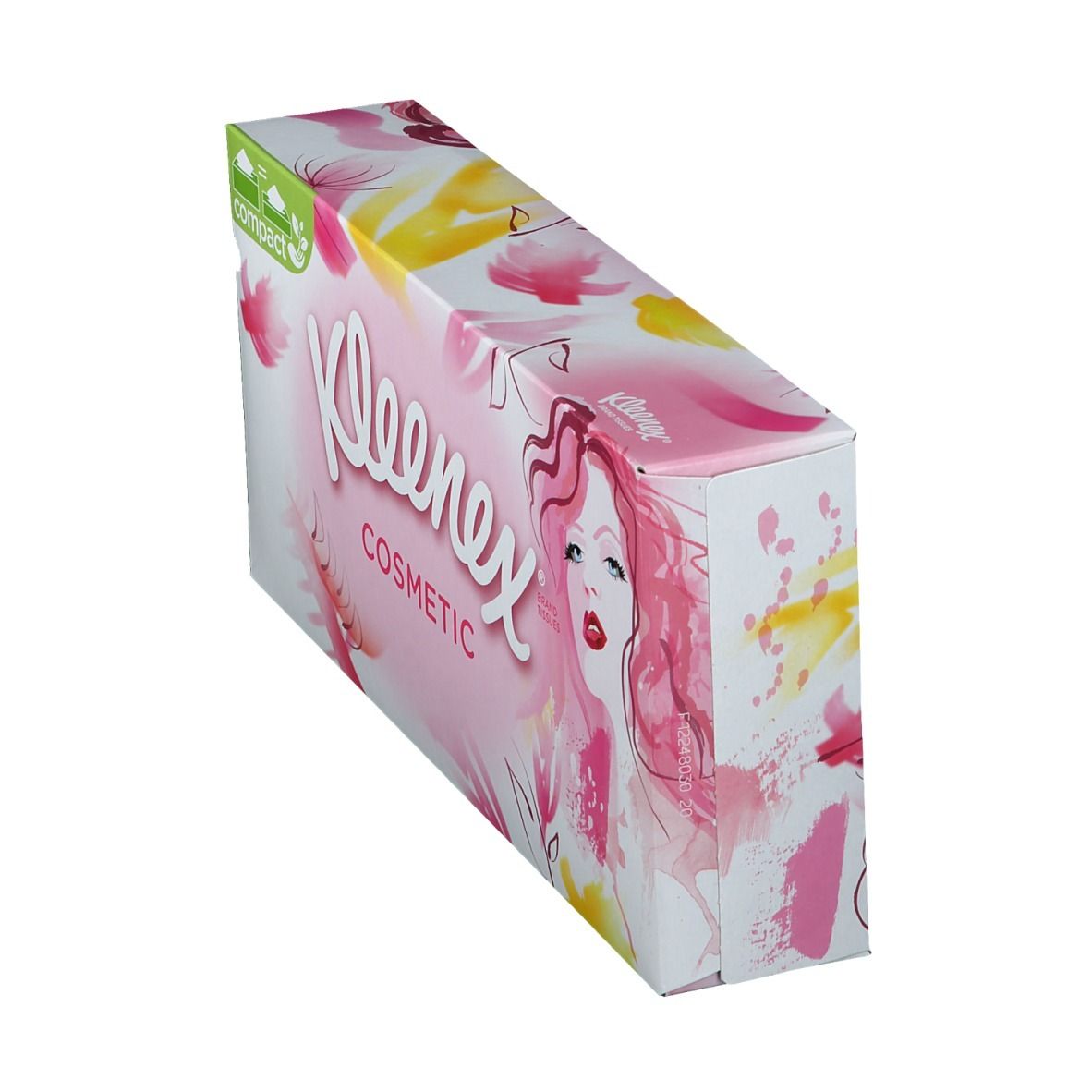 Kleenex® Kosmetiktücher-Box, schräg. Rosa, gelbe Blüten, Frauengesicht. Aufschrift: Cosmetic.