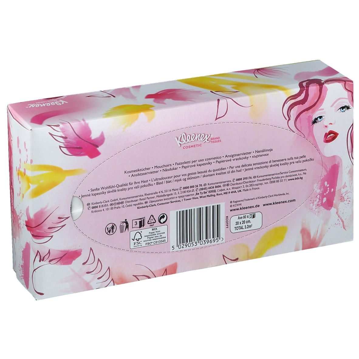 Rückseite der Kleenex® Kosmetiktücher-Box. Rosa, gelbe Blüten, Frauengesicht. Text.