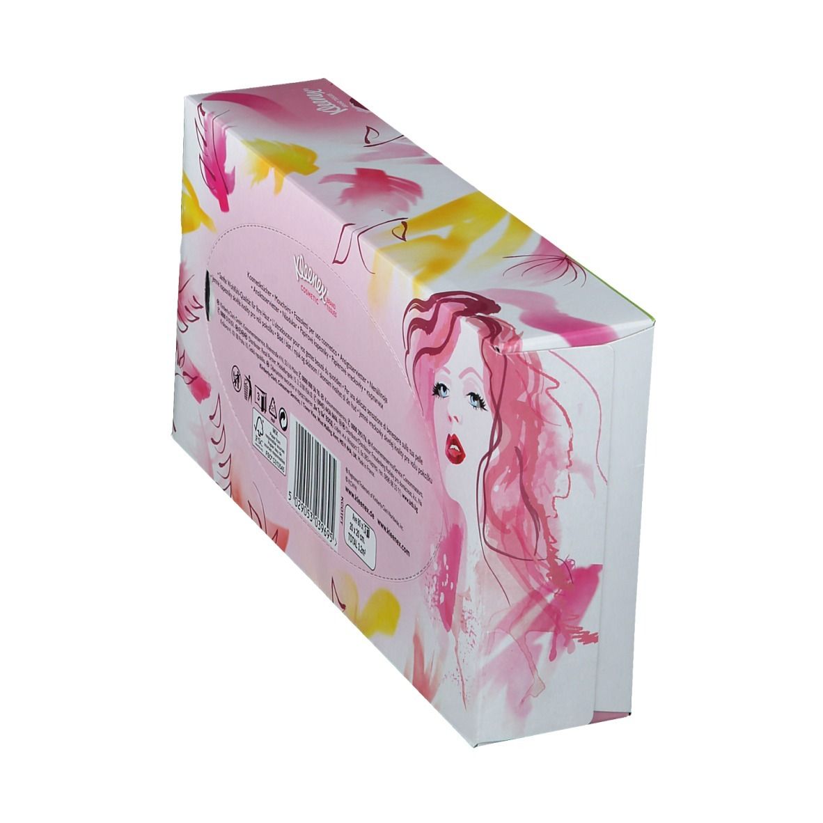 Kleenex® Kosmetiktücher-Box, schräg. Rosa, gelbe Blüten, Frauengesicht. Text.