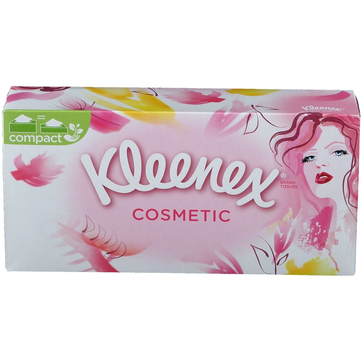 Kleenex® Kosmetiktücher-Box. Rosa, gelbe Blüten, Frauengesicht. Aufschrift: Cosmetic.