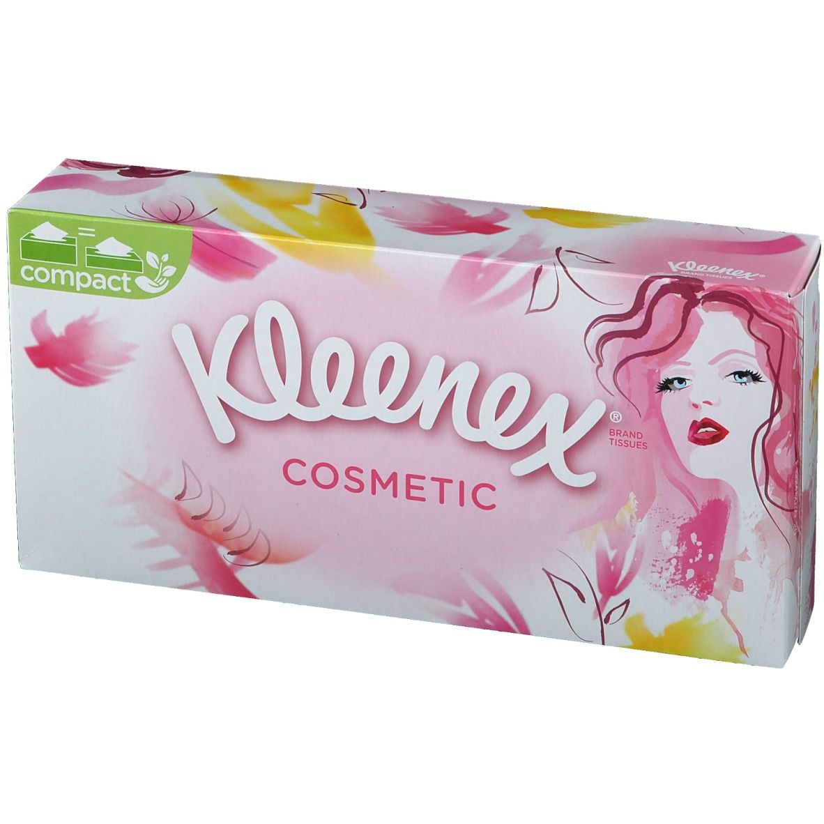 Kleenex® Kosmetiktücher-Box. Rosa, gelbe Blüten, Frauengesicht. Aufschrift: Cosmetic.