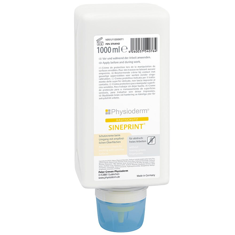 Weißer Spender mit blauem Auslass. Aufschrift: SINEPRINT, Hautschutz, 1000 ml. Text in mehreren Sprachen.