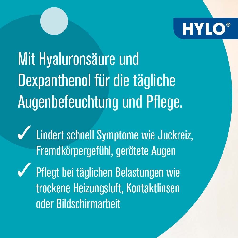Text auf blauem Hintergrund: Mit Hyaluronsäure und Dexpanthenol. Lindert Juckreiz, pflegt bei trockener Heizungsluft.