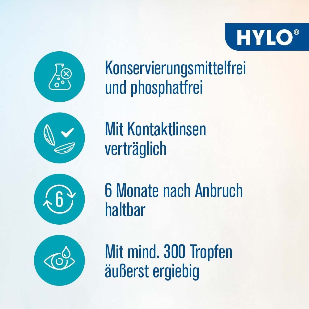 Text auf blauem Hintergrund: Konservierungsmittelfrei, phosphatfrei, mit Kontaktlinsen verträglich, 6 Monate haltbar, 300 Tropfen.