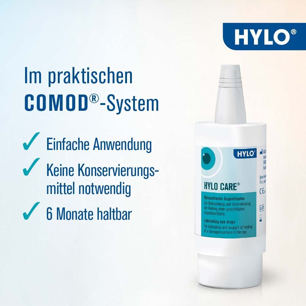 Text auf blauem Hintergrund: Im praktischen COMOD®-System. Einfache Anwendung, keine Konservierungsmittel, 6 Monate haltbar.