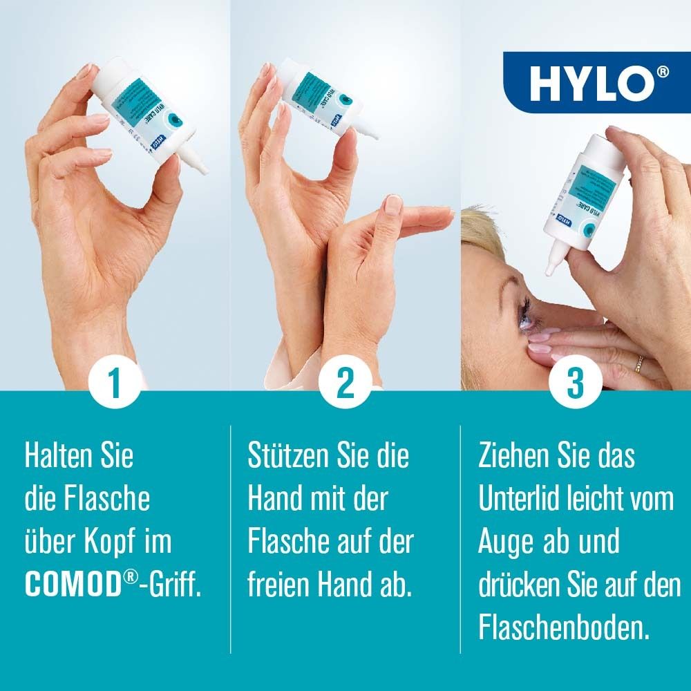 Drei Bilder zeigen Anwendung von HYLO CARE®: Flasche halten, Hand abstützen, Unterlid ziehen und drücken.