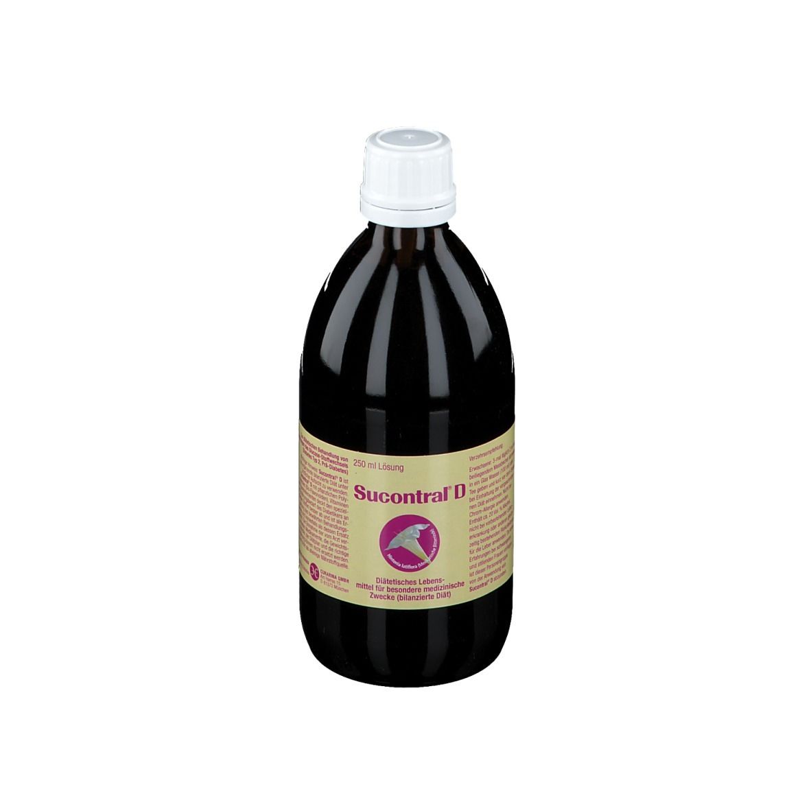 Braune Glasflasche mit weißem Deckel. Etikett mit Produktname Sucontral D und Logo. Flüssigkeit.
