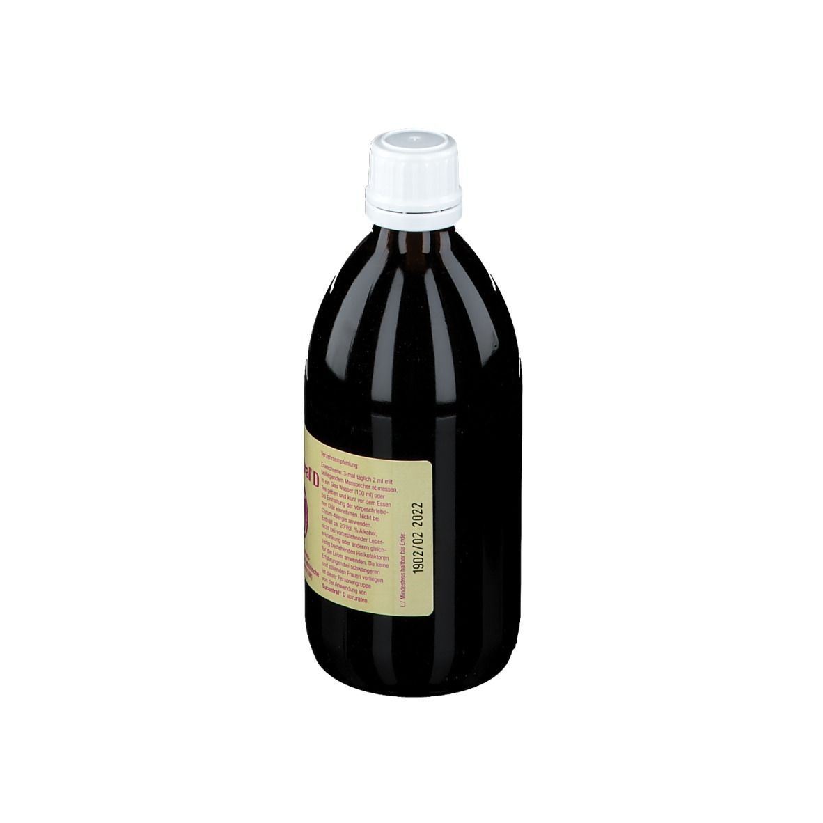 Braune Glasflasche mit weißem Deckel. Etikett mit Text und Datumsangabe. Flüssigkeit.
