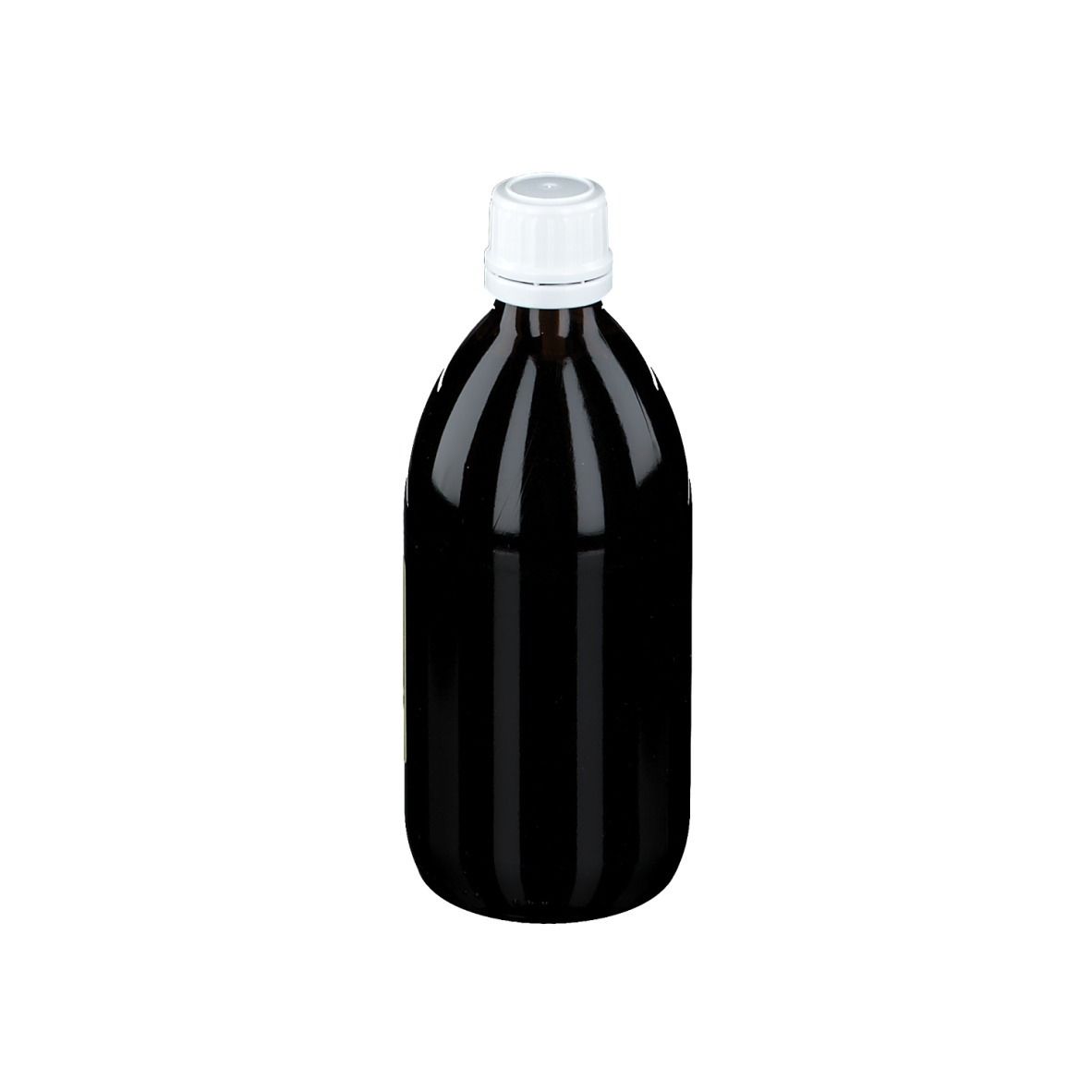 Braune Glasflasche mit weißem Deckel. Flüssigkeit.