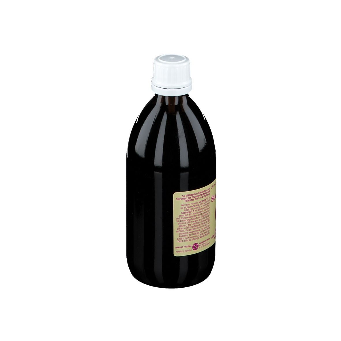 Braune Glasflasche mit weißem Deckel. Etikett mit Text. Flüssigkeit.