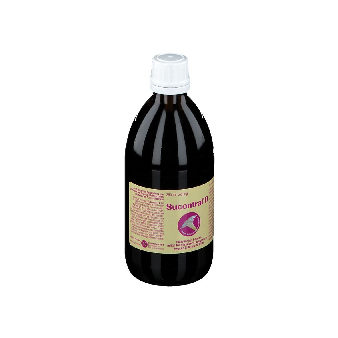 Braune Glasflasche mit weißem Deckel. Etikett mit Produktname Sucontral D und Logo. Flüssigkeit.